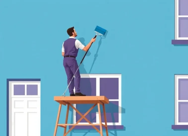 Peintre sur échafaudage traitant la façade d'une maison