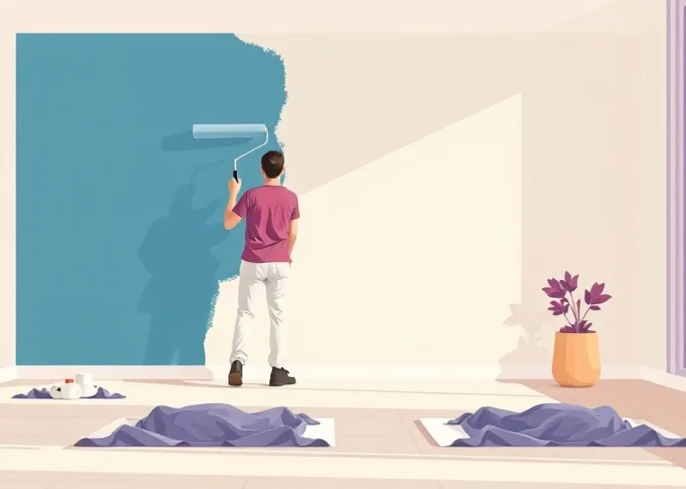 Peintre appliquant la peinture au rouleau sur un mur de salon